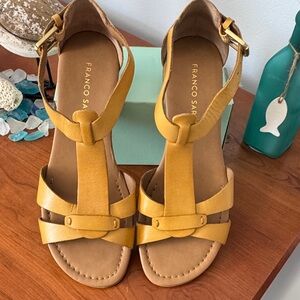Franco Sarto Mustard Yellow T-strap Leather Sandals- 7.5
